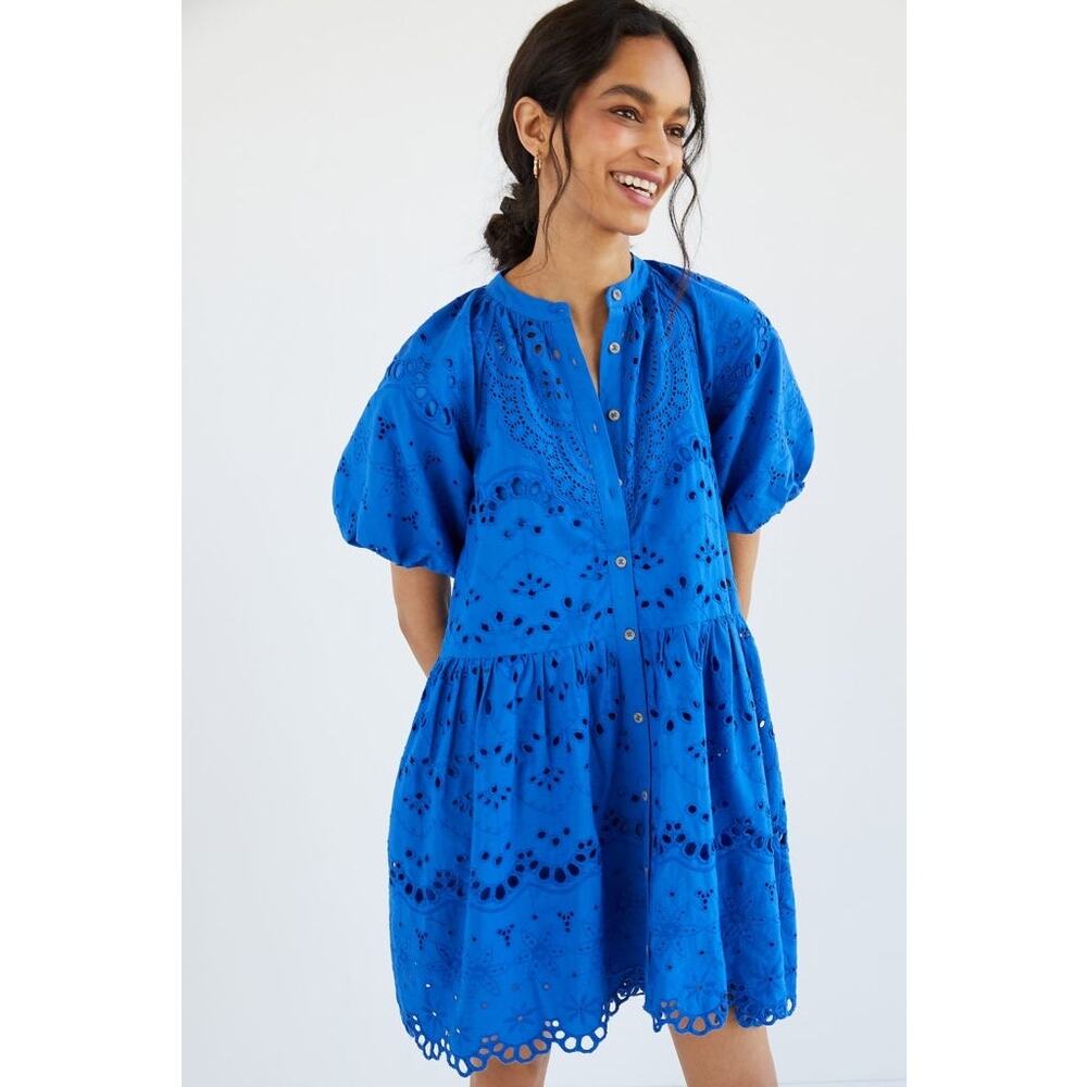 Anthropologie Tallulah Eyelet Mini Dress Blue Size L 3/4 Puff Sleeve Tiered
